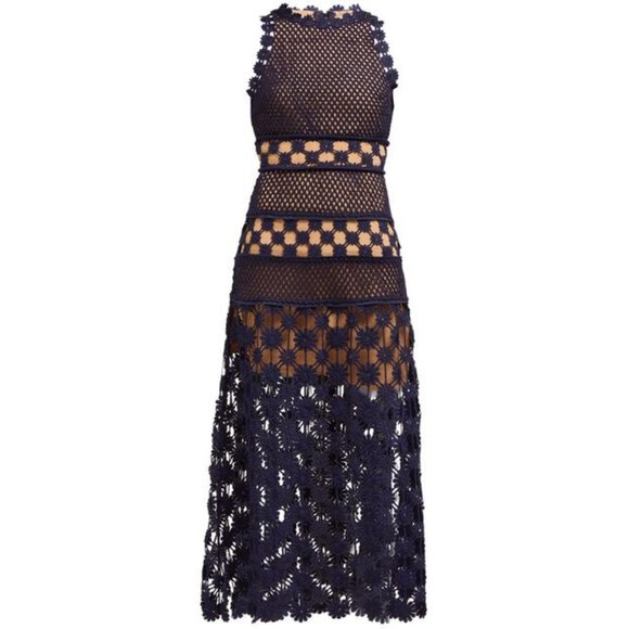 Self Portrait Navy Floral Crochet Midi Dress NWT